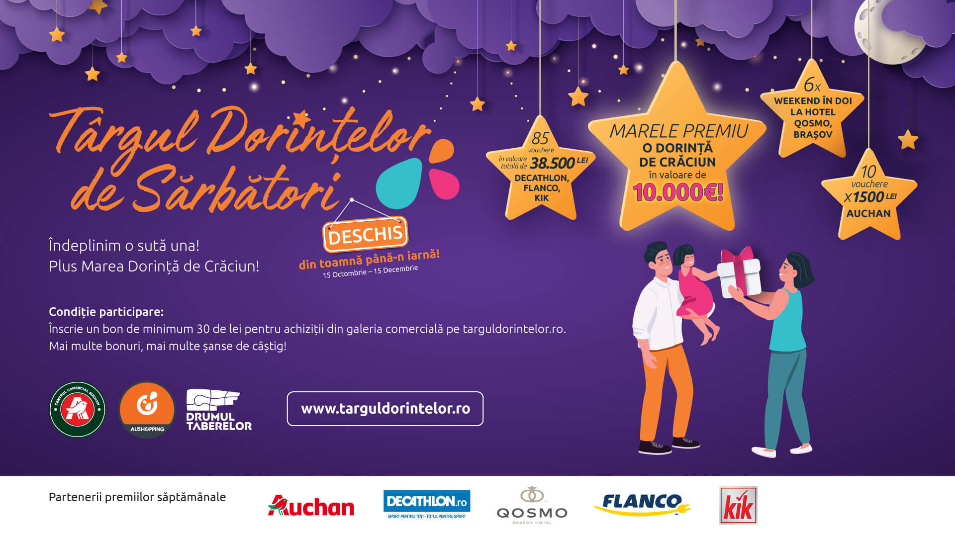 La Centrele Comerciale Auchan, Aushopping și Drumul Taberelor, orice bon de 30 de lei îți aduce șansa de a câștiga 10.000 de euro!